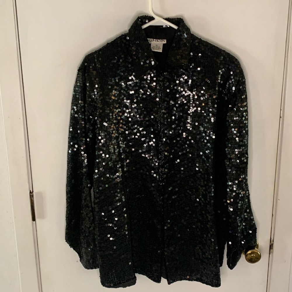 Simrin black sequin jacket trimmed with black bugle beads Size 1X
